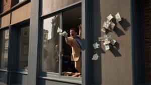 Leonardo_Lightning_XL_a_man_throws_bags_of_money_out_of_a_wind_2